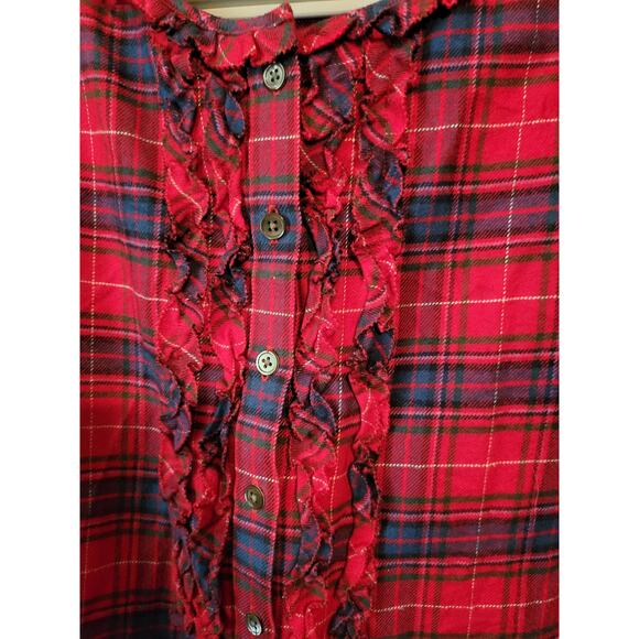 Lands End Womens Red Plaid Flannel Ruffle Front Top Size Large 14 16 - Picture 4 of 7